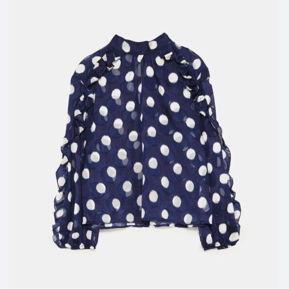 Zara Navy Polka Dots Ruffled Blouse Size Small S
